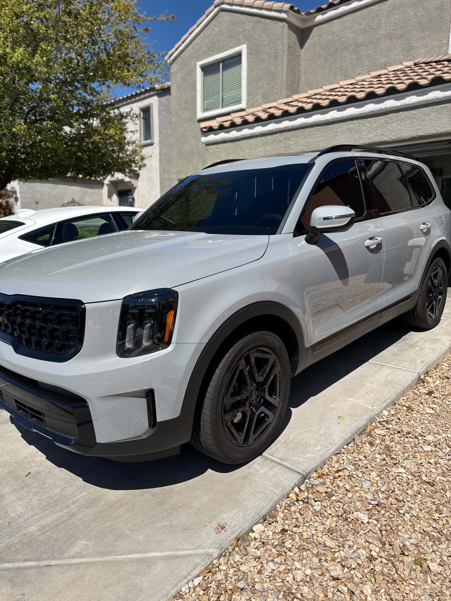 Silver Kia Telluride with dark window tint on all windows